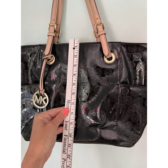 Michael Kors Collection Womens Tote Bag Black Patent Tan Dual Handle Monogram L - Picture 4 of 7